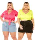 Kit 2 Blusa Feminina Cropped Transpassado e Decote Franzido