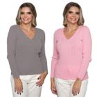 Kit 2 Blusa Feminina Tricô Decote V Manga Longa Lã Detalhe Trança