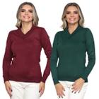 Kit 2 Blusa Feminina Tricô Decote V Sueter Feminino Lã Liso