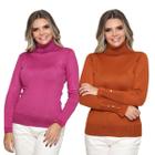 Kit 2 Blusa Feminina Tricô Gola Alta Decote V Sueter Lá Liso