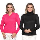 Kit 2 Blusa Feminina Tricô Gola Alta Decote V Sueter Lá Liso