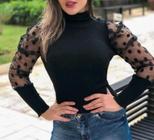 Kit 2 Blusas canelada gola alta manga longa tule poá moda feminina