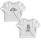 Kit 2 Blusas Cropped Tshirt Feminina Abacaxi Aloha e Caveira Surf Ilha