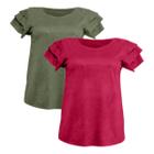 Kit 2 Blusas Feminina Suede Manga Curta com Babados Plus Size