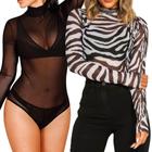 Kit 2 Body Blusa Transparente Estampa Zebra + Preto Liso Feminino Manga Longa Bory Sexy