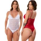 Kit 2 Body Rendado Feminino Decotado Costa Nua Lingerie Moda Íntima Transparente Sensual Uma Alça