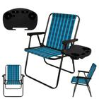 Kit 2 Cadeiras Praia Dobravel Xadrez Azul + 2 Mesas Portatil Mor