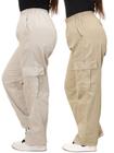 Kit 2 Calça Cargo Feminina Sarja Wide Leg Cintura Alta com Elástico