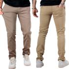 Kit 2 Calça de Sarja Bege e Caqui Corte Alfaiataria Masculina Slim Fit com Lycra Bolso Embutido Social Casual