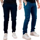 Kit 2 Calça de Sarja Preta e Azul-Marinho Corte Alfaiataria Masculina Slim Fit com Lycra Bolso Embutido Social Casual