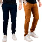 Kit 2 Calça de Sarja Preta e Marrom Corte Alfaiataria Masculina Slim Fit com Lycra Bolso Embutido Social Casual