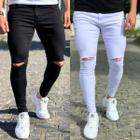 Kit 2 Calças Masculinas Jeans Skinny De Lycra Rasgado Slim