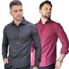 Kit 2 Camisas Social Masculina Slim Manga Longa Luxo Premium Moda Estilosa Tradicional Coloridas Algodão e Poliester