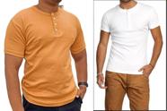 Kit 2 Camiseta Henley Canelado Masculina 4 Botões Slim M Curta