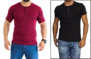 Kit 2 Camiseta Henley Canelado Masculina 4 Botões Slim M Curta