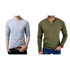 Kit 2 Camiseta Henley Masculina Slim Fit 2 Botões Algodão Canelado