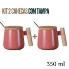 Kit 2 Canecas de Café, Chá e Leite de Cerâmica com Lindo Design com Cabo e Tampa em Madeira e Colher Dourada 350ml