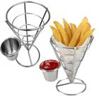 Kit 2 Cesto Cone Molheira Inox Servir Fritas Nuggets Porções