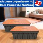 Kit 2 Cestos Organizadores Rattan 11L C/ Tampa de Madeira