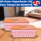 Kit 2 Cestos Organizadores Rattan 11L C/ Tampa de Madeira - Ef Home