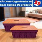 Kit 2 Cestos Organizadores Rattan 11L C/ Tampa de Madeira