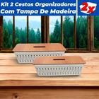 Kit 2 Cestos Organizadores Rattan 3,6L C/ Tampa De Madeira