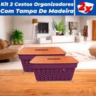 KIt 2 Cestos Organizadores Rattan 4,5L Com Tampa De Madeira