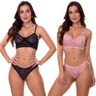 KIT 2 Conjunto de Lingerie em Renda Sem Bojo Transparente Preto e Rose Moda de Baixo - VF13-V61