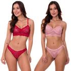 KIT 2 Conjunto de Lingerie em Renda Transparente Sem Bojo Vermelho e Rose Moda de Baixo - VF13-V62