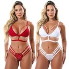 Kit 2 Conjunto De Lingerie Íntimo Gladiador 3 Tiras Feminino Strappy Calcinha E Sutiã Sexy Sensual