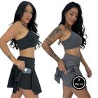 Kit 2 Conjunto Top Nadador e Short Saia Esportiva com Bolsos - KIT 2 ANA+FLOR PRETO E CINZA