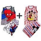 Kit 2 conjuntos personagem Homem Aranha/Mickey - Regatas + Shorts com elástico de Natal e Ano Novo Roupa Infantil Menino