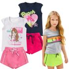 Kit 2 Conjuntos Verão Infantil Juvenil Feminino Blusinha Neon e Shorts Saia em Moletinho Roupa Menina Tamanhos 04-16