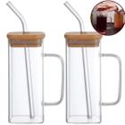 Kit 2 Copo De Vidro Quadrado 300ml Com Tampa De Bambu Hermética E Canudo De Vidro- Para Café Capuccino Chá Suco E Agua