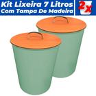 KIt 2 Lixeiras 7 Litros Plástico Multiuso Com Tampa De Madeira