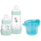 Kit 2 Mamadeiras Mam Easy Start Anticólica 130ml e 260ml + Pote Dosador Medidor Porta Leite em Pó Buba Azul