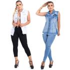 Kit 2 Max Colete Jeans Feminino 100% Algodão Longo Branco e Azul Claro 6