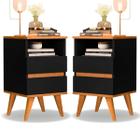 Kit 2 Mesas de Cabeceira Quarto Apoio Lateral Cama Box Casal Estilo Decoração Retrô Pop 2 Gavetas - Preto/Nature