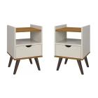 Kit 2 Mesas De Cabeceira Quarto Retrô Pés Palito Com Nicho e 1 Gaveta Alice Off White Com Freijó K7 Plus