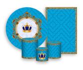 Kit 2 Painéis De Festa + Trio De Capas Cilindro - Capitonê Azul Claro Coroa Realeza 003