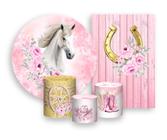 Kit 2 Painéis De Festa + Trio De Capas Cilindro - Cavalo Branco Boiadeira com Flores Rosas 015