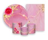 Kit 2 Painéis De Festa + Trio De Capas Cilindro - Efeito Marmorizado Rosa com Dourado e Flores 011