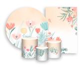 Kit 2 Painéis De Festa + Trio De Capas Cilindro - Floral Aquarela Salmão com Verde 023