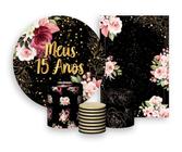 Kit 2 Painéis De Festa + Trio De Capas Cilindro - Flores Efeito Brilhos Meus 15 Anos Dourado 011