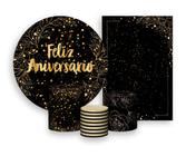 Kit 2 Painéis De Festa + Trio De Capas Cilindro - Folhagens Efeito Brilho Feliz Aniversário Dourado 045