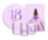 Kit 2 Painéis De Festa + Trio De Capas Cilindro - Princesa 18 Anos Efeito Glitter Lilás 070