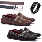 Kit 2 Pares De Mocassim Extra Luxo Casual Masculino De Camurça Corforto Com Cinto e Relógio