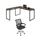 Kit 2 Peças com Mesa Escritório em L Industrial 150cm Kuadra e Cadeira de Escritório Diretor Santiago