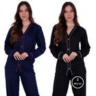 Kit 2 Pijama de Inverno Americano com Botões Manga Longa e Calça - KIT 2 JANAINA PRETO AZUL