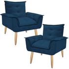 Kit 2 Poltrona Azul Marinho Cadeira Decorativa Opala Sala Recepção Pés Imbuia - Bela Decor